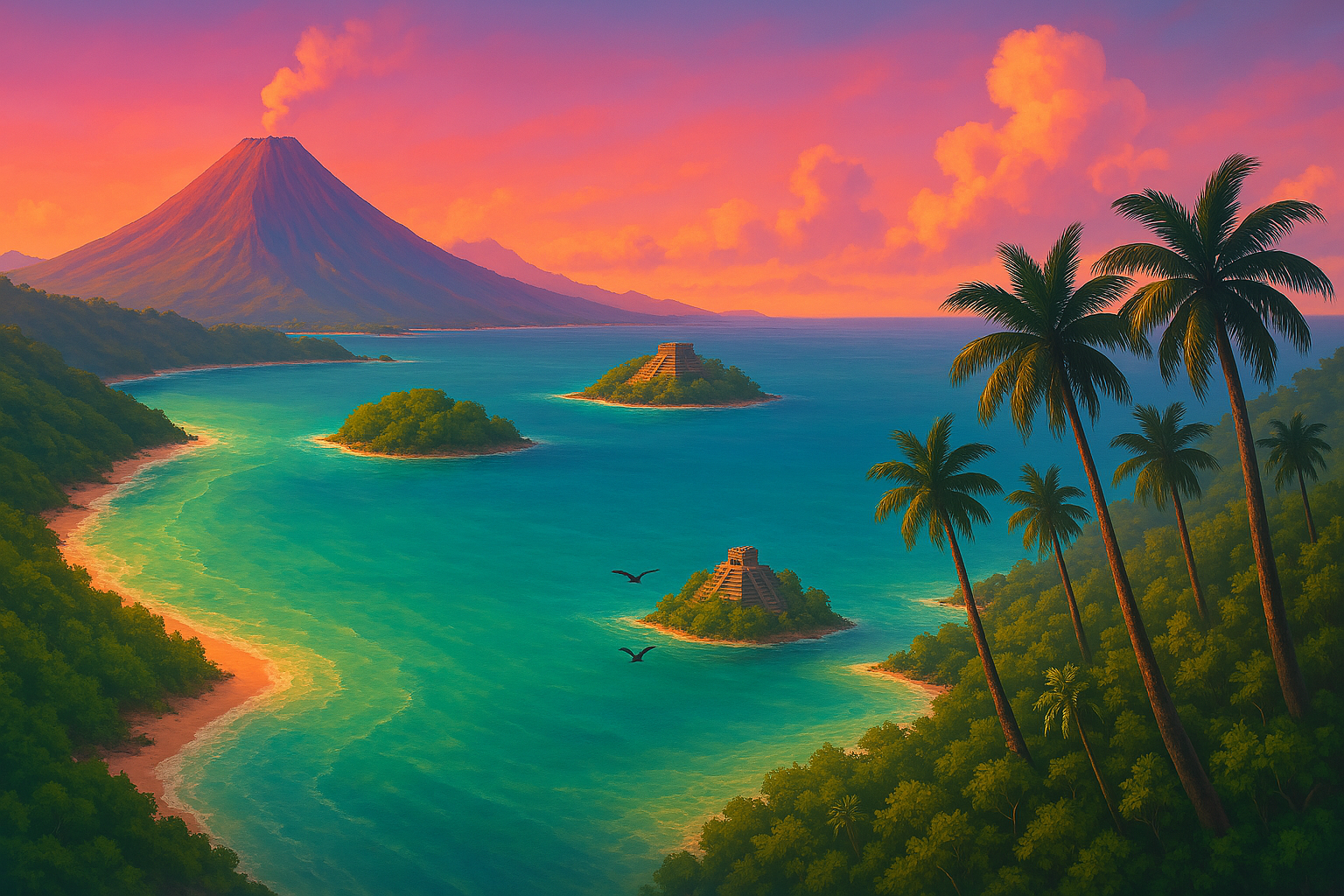 Tropical landscape with volcano and islands